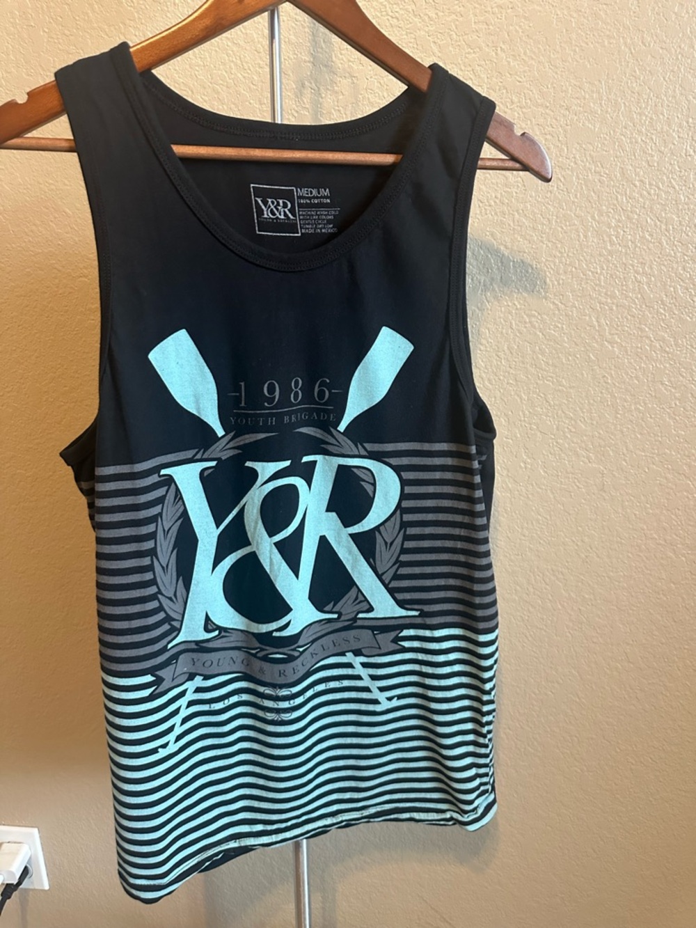 Young & Reckless Black Tank with Mint Graphic Stripe